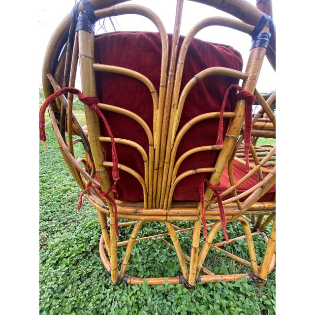 Vintage Boho Chic Bamboo Gossip Bench With Original Seat and Back Cushions, Original Glass Top on Table. In Immaculate Condition. For Sale - Image 10 of 10