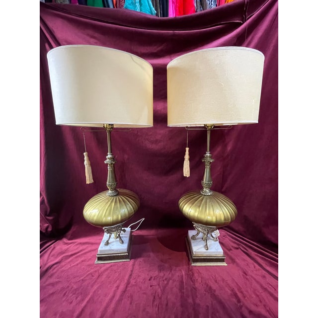 Traditional Pair of 1950s Regency Lamp Falkenstein Ormolu Glass Marble Table Lamps For Sale - Image 3 of 7