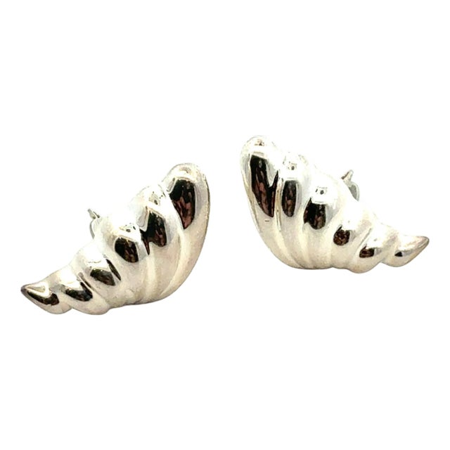 1990s Pair of Tiffany & Co Puffed Omega Back Wing Earrings Non Pierced Sterling Silver Estate For Sale
