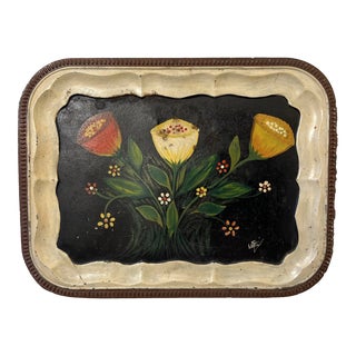 Vintage Hand-Painted & Signed Distressed French Floral Tole Scalloped Tray For Sale