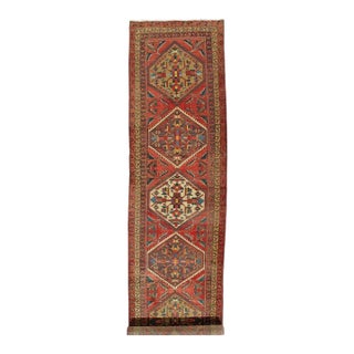 Antique Heriz Northwest Persian Runner, Handmade Rug Navy Light Blue, Rust Ivory For Sale