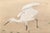 This serene Meiji-period Japanese two-panel screen depicts a graceful white heron standing at the edge of a tranquil pond...