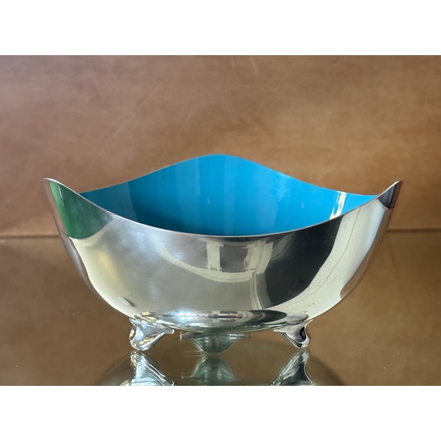 Mid-Century Modern Vintage Heirloom Silver Plate & Turquoise Enamel Footed Bowl For Sale - Image 3 of 14