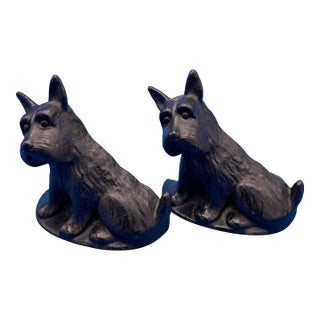 Antique Vintage Pair Black Cast Iron Scottie Dog Bookends Scottish Terrier Book Ends For Sale