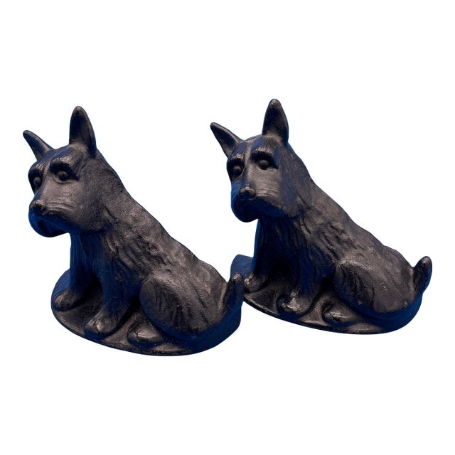 Antique Vintage Pair Black Cast Iron Scottie Dog Bookends Scottish Terrier Book Ends For Sale