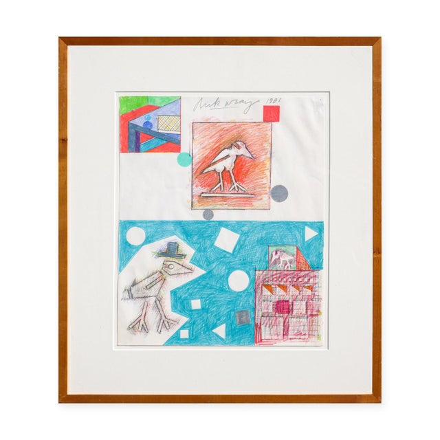 Late 20th Century Dick Wray Blue, Orange, and Green Abstract Geometric Figurative Collage, 1981 For Sale - Image 5 of 12