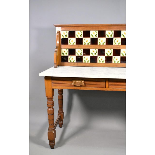 Edwardian Tile Back Marble Top Washstand in Birch, 1890s For Sale - Image 6 of 17