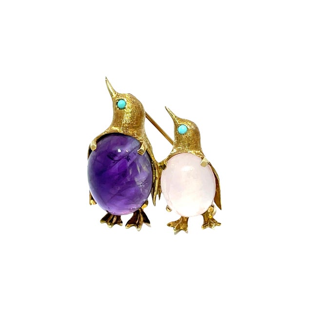 Metal 14k Yellow Gold Amethyst, Turquoise & Rose Quartz Studded Penguins Pin For Sale - Image 7 of 8