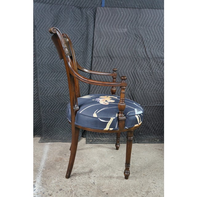 2 Antique English Sheraton Regency Style Mahogany Inlaid Floral Silk Arm Chairs For Sale - Image 12 of 18