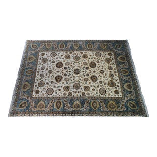 Traditional Hand Knotted Cream Blue Floral All Over Wool Area Rug 9' X 12' For Sale