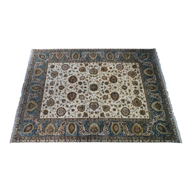 Traditional Hand Knotted Cream Blue Floral All Over Wool Area Rug 9' X 12' For Sale