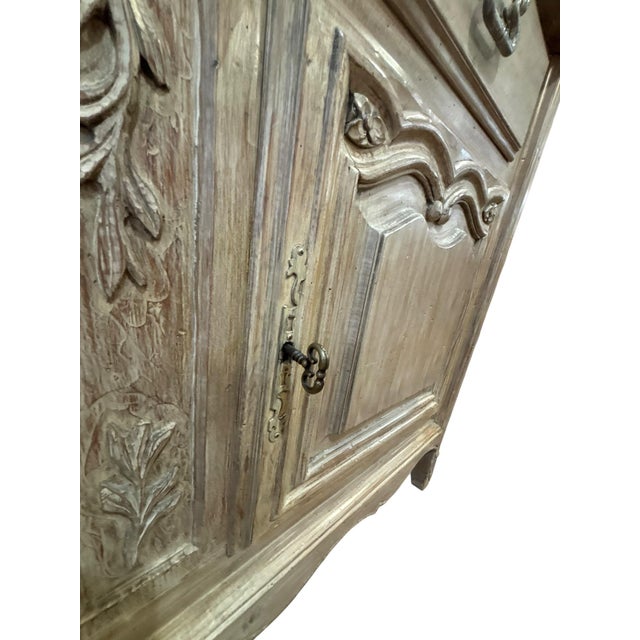 French Provincial Bleached Oak Buffet À Deux Corps Cabinet With Carved Fruit Basket Doors For Sale - Image 9 of 12
