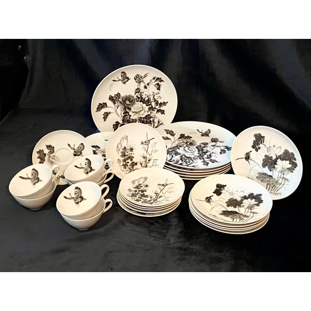 Mid Century Vintage Dorthy Thorpe hand painted china with peonies, flowers, birds, and butterflies. Full service for six....