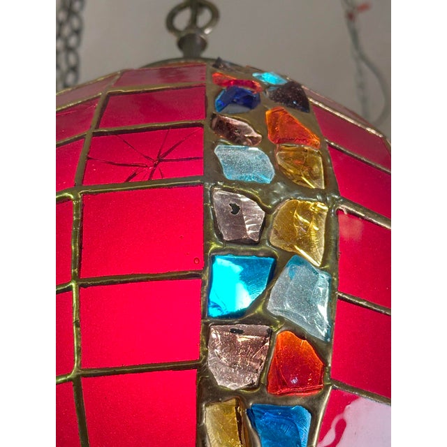 Metal Mid 20th Century Turkish Style Red Slag Glass Pendant Light For Sale - Image 7 of 11