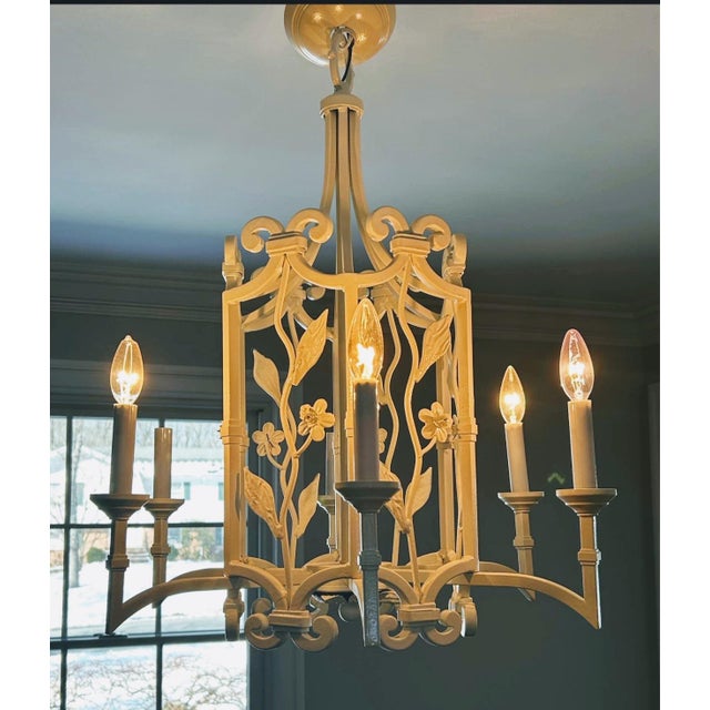 Hollywood Regency Vintage 6-Light Palm Beach Regency Floral Pagoda-Style Chandelier For Sale - Image 3 of 12