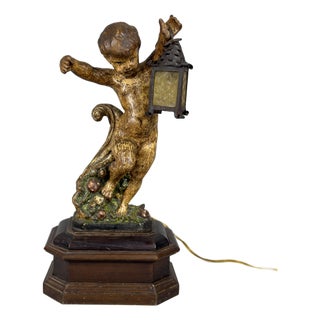 Antique Terracotta Cherub Table Lamp with Wooden Base, Early 1900s For Sale