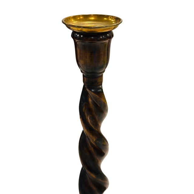 Early 20th Century Antique English Oak Barley Twist Candlesticks With Brass Bobeches For Sale - Image 5 of 6