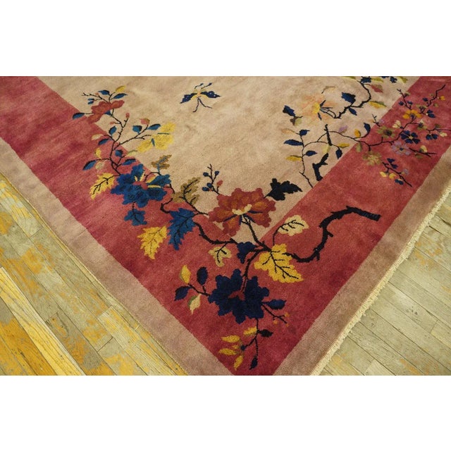 1920s Tan Ecru Flowers Spray Modern Antique Chinese Art Deco Carpet 8' 11'' X 11' 7" Woven Wool Rug For Sale In New York - Image 6 of 9