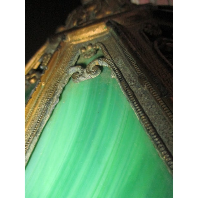 Early 1900s Antique Art Nouveau Green Stain Glass Ornate Metal Table Lamp For Sale - Image 10 of 12