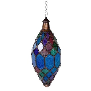 Hanging Lantern in Blue Patterned Glass For Sale