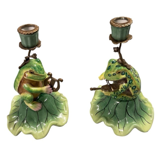 2000 - 2009 Pair of Vintage Whimsical Ceramic and Bronze Patinated Metal Musical Frog Candle Holders For Sale - Image 5 of 12