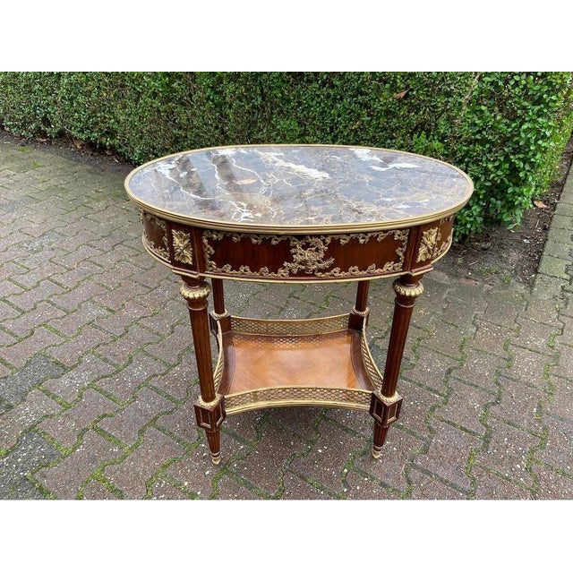 Late 20c French Artisan Louis XVI Mahogany Marble Side Table For Sale - Image 13 of 13