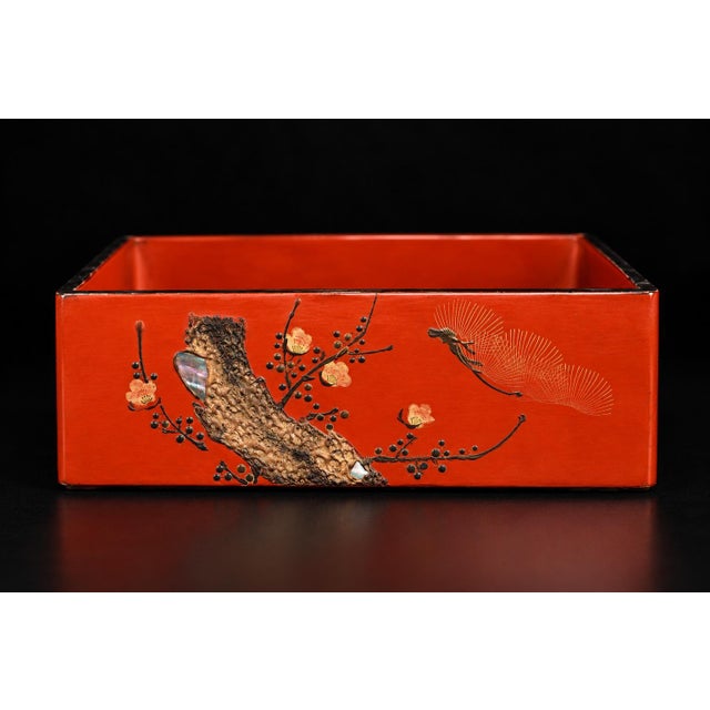 Japanese Antique Red Lacquered Snack Keepsake Box Hand Painted 2-Tier For Sale - Image 16 of 17