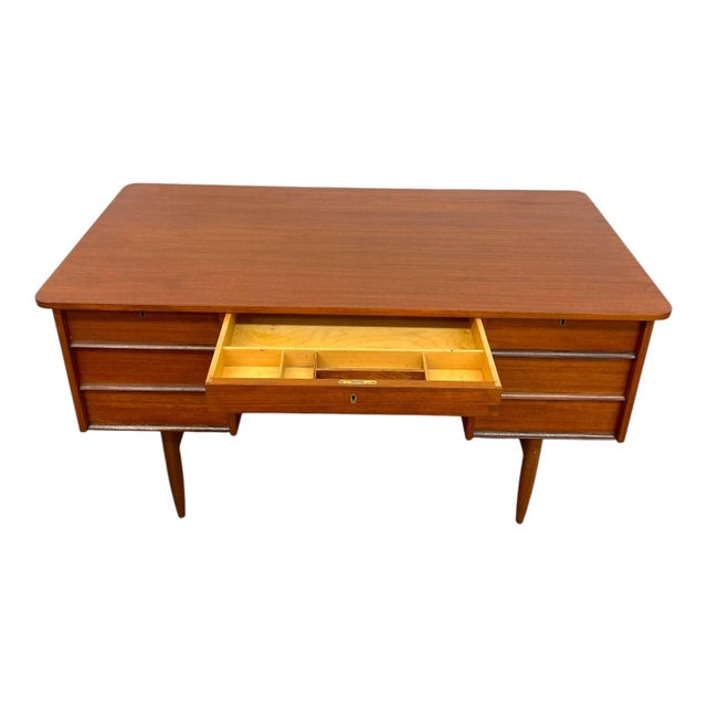 Vintage Mid Century Modern Danish Teak Executive Desk With Rear Bookshelf. For Sale - Image 11 of 13