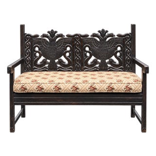 Early Continental Renaissance Style Carved Oak Hall Bench Settee - Double Eagle Serpent For Sale