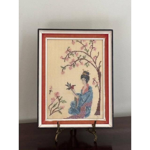 Circa 1950s Japanese-Inspired Cross-Stitch Textile Artwork — Framed For Sale - Image 4 of 18