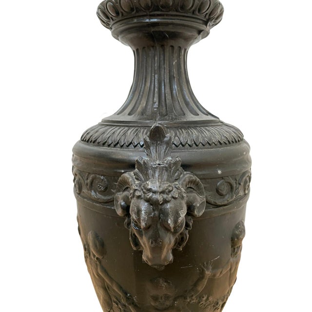 French 1940 French Black Spelter Ram Head Handles Urn For Sale - Image 3 of 8