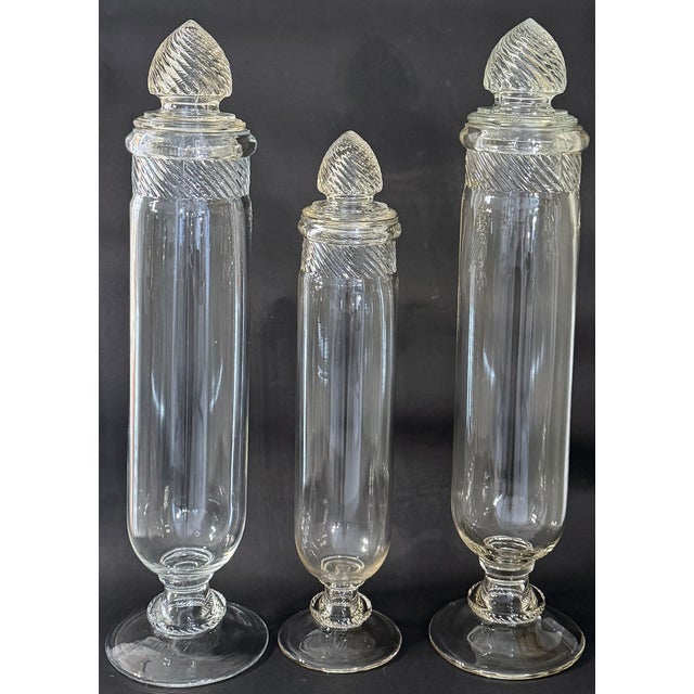19th Century Molded Glass Apothecary Jars, Set of Three, Barley Twist Lids For Sale - Image 4 of 11