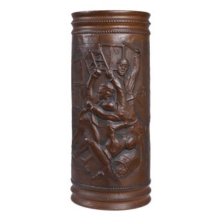 Copper Umbrella Stand with Hammered Relief of Medieval Café, France, 1900s For Sale