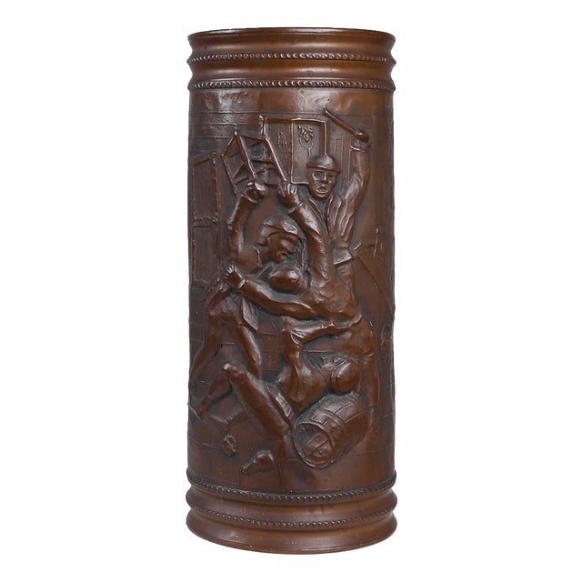 Copper Umbrella Stand with Hammered Relief of Medieval Café, France, 1900s For Sale