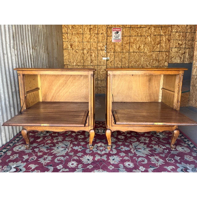 Brown Pair of Vintage French Louis XV-Style Carved Oak Fall-Front Nightstands For Sale - Image 8 of 12