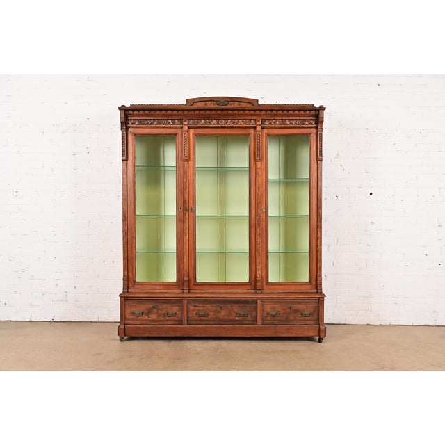 Herter Brothers Style Antique Eastlake Victorian Carved Walnut Triple Bookcase or Display Cabinet, Circa 1880s For Sale - Image 12 of 12