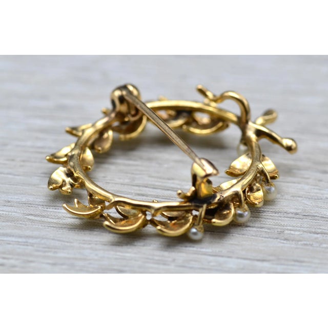 The Cascabel: Ladies 14K Gold Leaf Brooch/Pendant set with Seed Pearls For Sale - Image 4 of 5