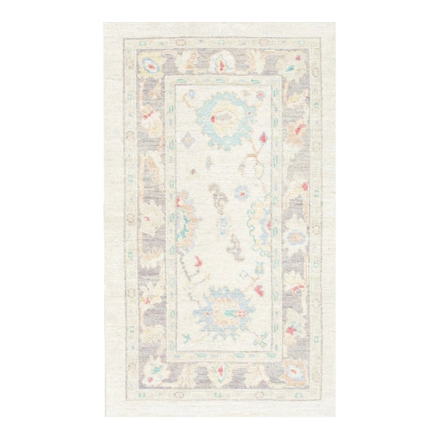 Cream Multicolor Handwoven Turkish Oushak Rug 2'11" X 4'11" For Sale