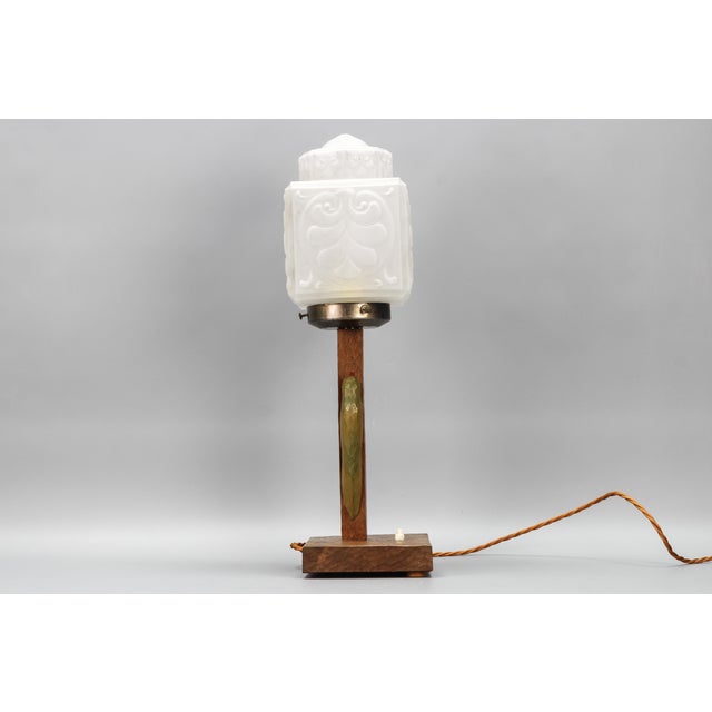 Art Deco Wooden and Frosted Glass Table Lamp with a Woodpecker, 1930s For Sale - Image 6 of 18