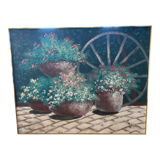 Large Mid Century Lee Reynolds Wagon Wheel and Flower Pots Signed 48 X 60 For Sale