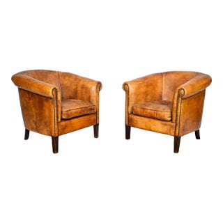 1970s Vintage Art Deco Distressed Cognac Leather Club Chairs - A Pair For Sale
