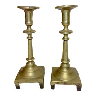 Rare Pair Primitive Antique 18th Century Turned Brass Candlestick Candle Holder For Sale