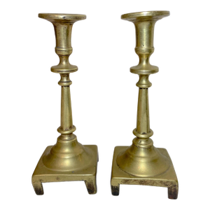 Rare Pair Primitive Antique 18th Century Turned Brass Candlestick Candle Holder