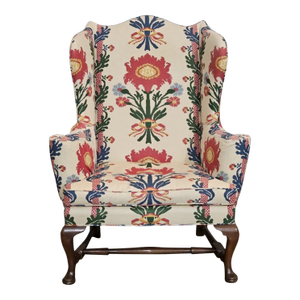 Mid 20th Century Kittinger Colonial Williamsburg Mahogany Wing Chair Cw 44 Schumacher Fabric