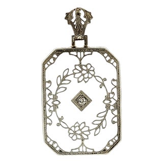 1930's 14k White Gold Camphor Glass and Diamond Filigree Pendant For Sale