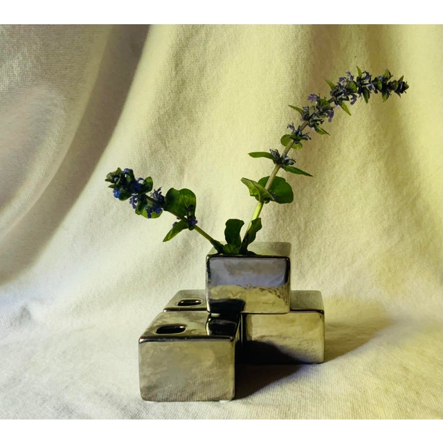 Set of 4 Silver Glazed Cube Form Ikebana Vases - Japanese Porcelain For Sale - Image 4 of 12