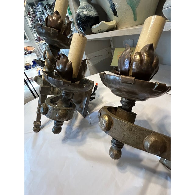 Antique French Heavy Bronze Gothic Sconces- A Pair For Sale - Image 11 of 14