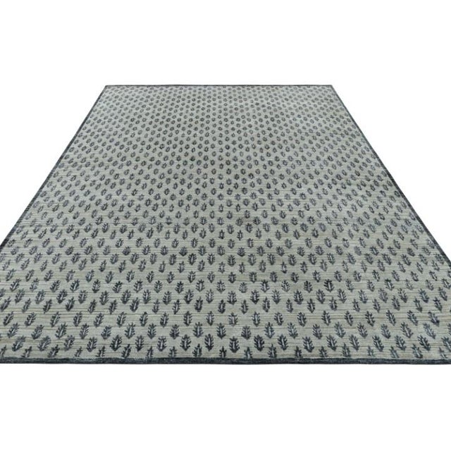 2010s Rug & Kilim’s Block Print Rug Design in Gray With Grisaille Blue Floral Patterns For Sale - Image 5 of 7