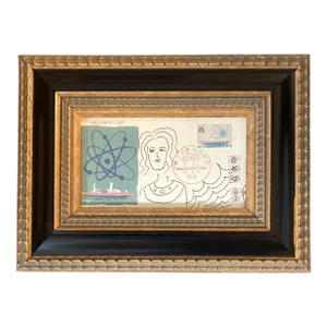 Contemporary Original Judy Henn Abstract Ink Drawing/Collage “First Day With Atom” Framed