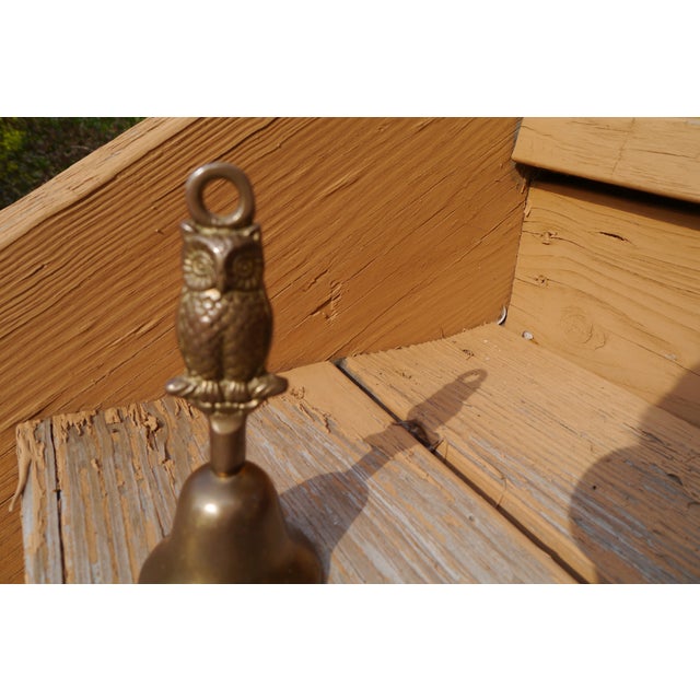 VTG Patina Heavy Solid Brass School Bell W Embossed Figural Owl Shape Handle For Sale - Image 9 of 10